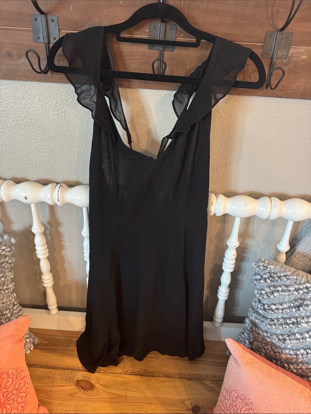 Reformation Black Sheer Ruffle-Shoulder Slip Dress